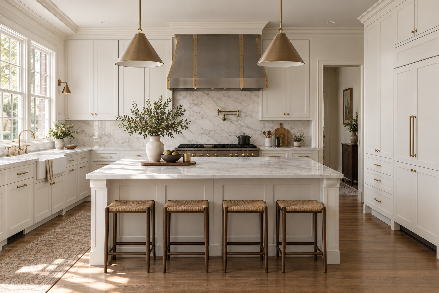 Design inspiration: warm white shaker kitchen with marble counters and a brass-accented stainless hood